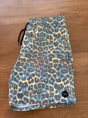 RVCA Men’s Leopard Print Swim Trunks in Teal, Brown, Black